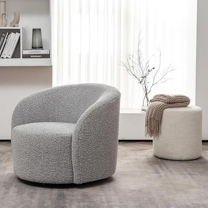 KINWELL 34" Boucle Swivel Barrel Chair with 18" Round Ottoman Set, Fully Assembled Set of Sherpa Accent Chair and Footrest, Modern Comfy Armchair and Footstool for Living Room and Bedroom, Black White
