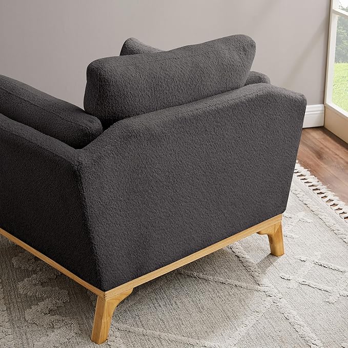 Large-Sized Accent Chair, Thick Cushion Bedroom Reading Chair, Comfortable Living Room Single Sofa， Boucle Dark Gray