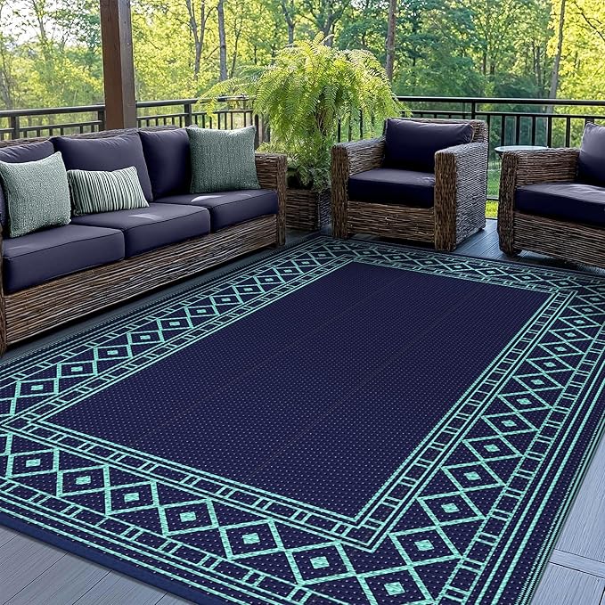 GENIMO Outdoor Rug Waterproof 5'x8' for Patio, Foldable Reversible Plastic Straw Carpet for Travel Trailers, Outside Area Mat for Rv, Deck, Picnic, Porch, Balcony, Beach, Navy Blue & Jade Green