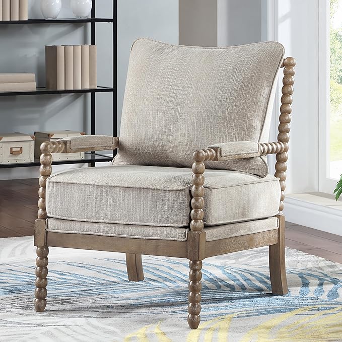 DUHOME Linen Fabric Spindle Accent Chair with Wood Frame,Modern Accent Chairs with Padded Spring Seat and Brushed White Base for Living Room Bedroom Farmhouse Home Office Belcony