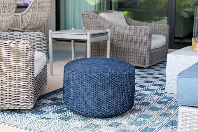BIRDROCK HOME Outdoor Pouf Ottoman | Hand Woven Waterproof Foot Stool with Bead Bag Filling | Boho Foot Rest for Patio, Living Room, Porch & Outdoor Seating | Lightweight, Soft Stuffed Chair | Navy