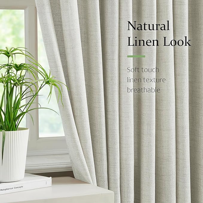 FMFUNCTEX Pinch Pleated Curtains 96 Inches Long for Living Room,Cream Beige Semi Sheer Faux Linen Textured Pleat Drapes for Bedroom with Hooks, Light Filtering Farmhouse Window Drapes 2 Panels