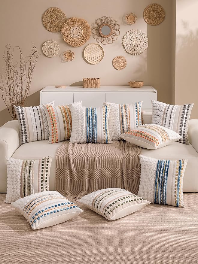 Boho Chenille Tufted Couch Throw Pillow Covers 18x18 Inch Set of 2 Farmhouse Striped Decorative Pillow Covers Accent Neutral Square Pillowcase Blue Cushion Covers for Livingroom Sofa Bed