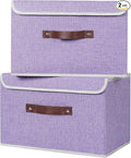 ANMINY 2PCS Storage Bins with Lid PU Leather Handles Storage Boxes PP Plastic Board Decorative Foldable Lidded Cotton Linen Fabric Home Cubes Baskets Closet Organizer Containers - Purple, Large Size