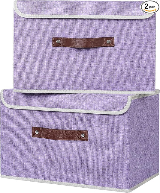 ANMINY 2PCS Storage Bins with Lid PU Leather Handles Storage Boxes PP Plastic Board Decorative Foldable Lidded Cotton Linen Fabric Home Cubes Baskets Closet Organizer Containers - Purple, Large Size