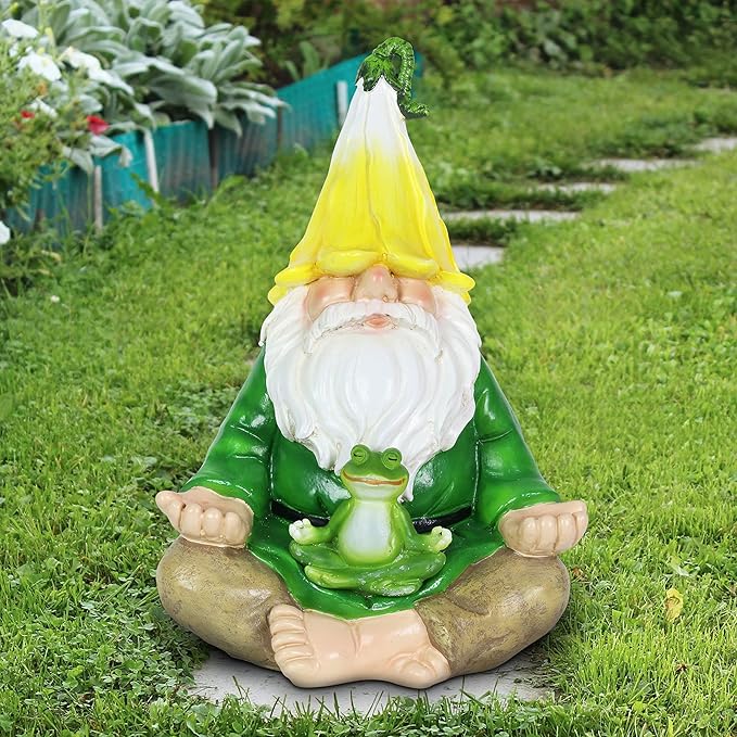 Exhart Solar Light-Up Meditating Gnome Statue w/LED Frog, Durable Resin Garden Décor, 8”x6.5”x10.5”