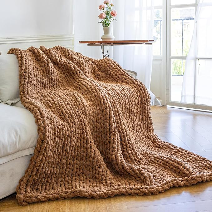 Chunky Knit Blanket - Luxury Soft Cozy Extra Large Size (80 * 90) Throw Blanket,100% Woven Blanket Rope Knot Throw Blanket for Couch, Sofa, Home Decor, Gift - Machine Washable（Brown）