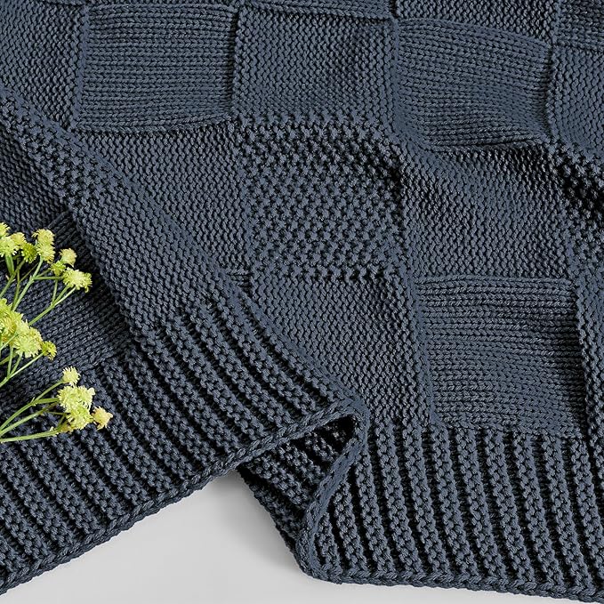 CozeCube Check Knit Throw Blanket, Midnight Navy Checkered Throw for Couch, Decorative Christmas Soft Cozy Warm Knitted Blanket for Bed Sofa Living Room, 50"X60"