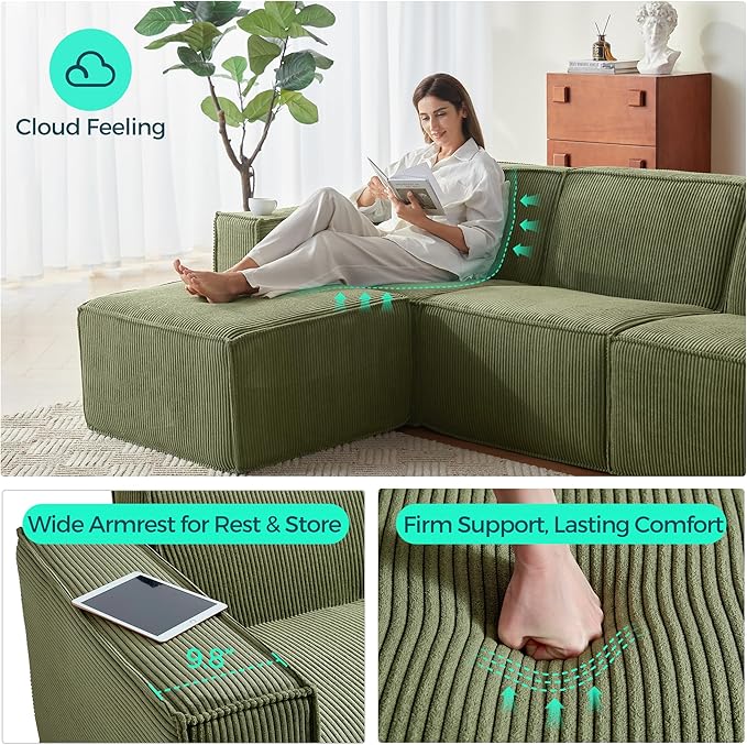 LINSY HOME Modular Sectional Sofa, 134" Boneless Couch L Shaped 4-Seat Sofa with Movable Ottoman, Corduroy Sectional Cloud Couches for Living Room, No Assembly Required, Green