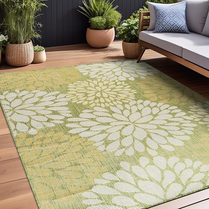 Beverly Rug Outdoor Rug 10x14 Modern Exotic Tropical Leaf Area Rugs for Indoor and Outdoor Patio Deck Porch Garden Water Resistant Washable Outside Carpet (10 x 14 Green)