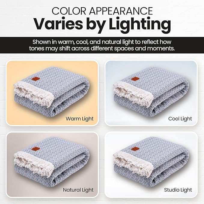 Gold Case Throw Blanket for Bed – 100% Recycled Turkish Cotton Bed Blanket – Decorative Throw Cotton Blankets for Living Room & Bedroom – Retro Grey Woven Queen Blankets – 90x90