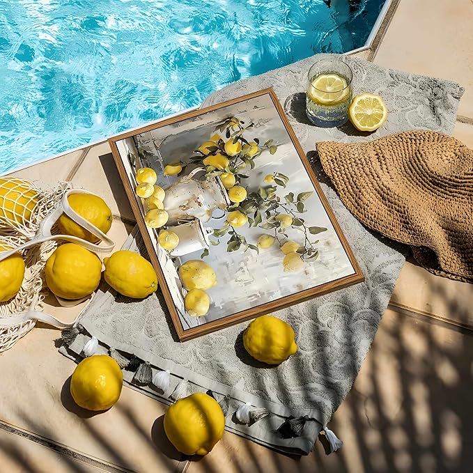 Framed Lemon Kitchen Wall Decor for Dining Room - Vintage Mustard French's Yellow Lemon Kitchen Wall Art, Rustic Oil Paintings Posters Prints for Bathroom Living Room Bedroom 12x16 inch