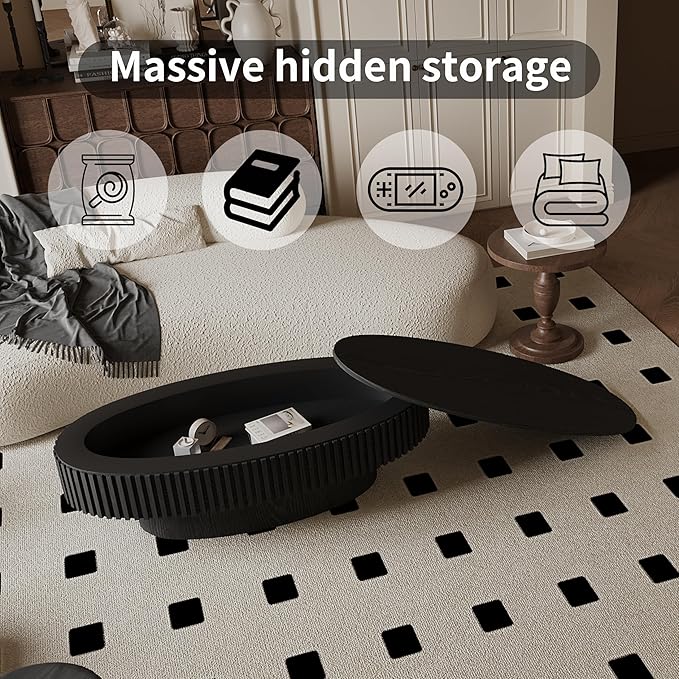 47.2''Oval Coffee Table with Storage, Mid Century Modern Fluted Drum Center Tables with Lid, Solid Wood Side Pedestal Coffee Table Tea Table for Living Room, Bedroom, Apartment-Black
