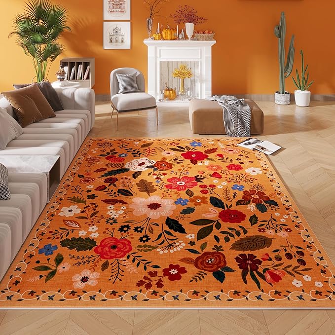 Living Room Rug 5x7 Rug Machine Washable Boho Area Rug Non Slip Floral Vintage Low Pile Large Rugs for Living Room, Bedroom, Farmhouse, Dining Room, Kids Playroom(Yellow)