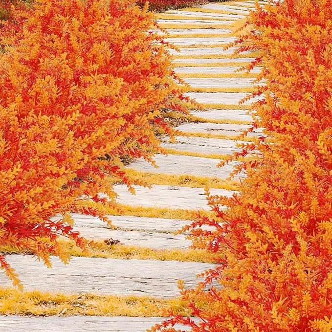 Geegoods 16 Bundles Artificial Fall Flowers Outdoor – Faux Lavender Flowers with Monkey Grass UV Resistant Plastic Faux Plants for Halloween Front Door Porch Patio Yard Balcony Decor, Orange Color