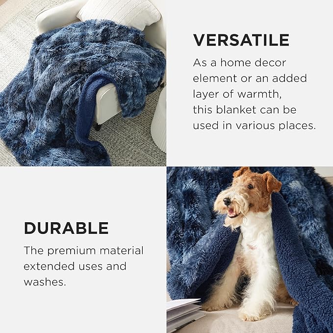 Bedsure GentleSoft Fluffy Tie Dye Navy Blue King Size Blanket for Bed, Thick Soft Sherpa Faux Fur Fleece Bedding Fuzzy Plush Winter Warm Large King Blanket, Cozy Blue Gifts for Men Women, 108x90