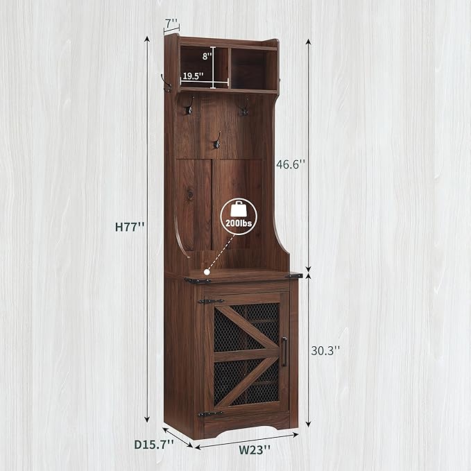 JXQTLINGMU 23" Farmhouse Hall Tree with Shoe Storage, Entryway Bench with 6 Cubbies, 5 Hooks & Barn Doors, Mudroom Coat Rack Cabinet, Brown