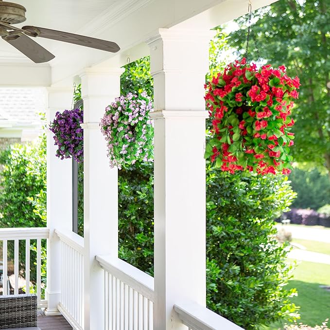 Artificial Faux Hanging White Flowers Plants Basket for Outdoor Outside, Fake UV Resistant Realistic White Morning Glory Flowers for Porch Home Balcony Yard Patio Decoration