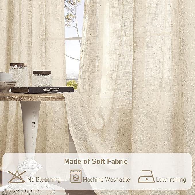 LAMIT Linen Curtains 63 inch Length for Living Room, Flax Textured Light Filtering Boho Semi Sheer Window Textured Modern Drapes with Bronze Grommet for Bedroom, 2 Panels Set, 60 x 63 Inch, Linen