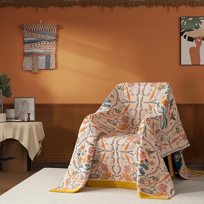 Boho Throw Blanket Twin Size, Soft Cozy Cotton Muslin Quilt Blanket for Bed Decor, Floral Patterned Couch Sofa Chair Cover, Vintage Farmhouse Cottage Tapestry Woven Blanket, Yellow&Blue