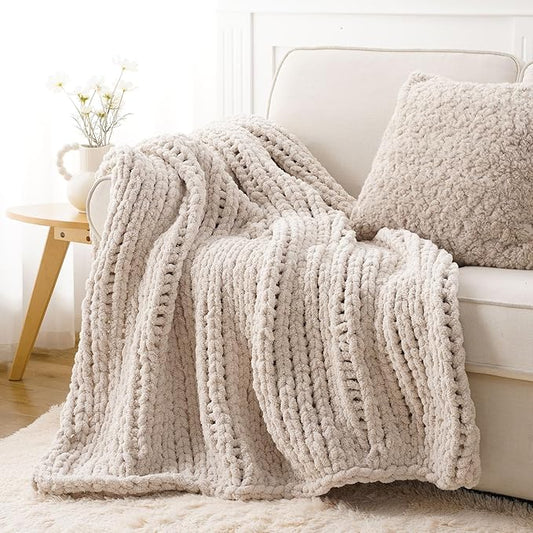 Battilo Chunky Knit Throw Blanket, Soft and Thick Chenille Throw Blanket, 50"x60" Handmade Cable Knit Crochet Blanket, Large Rope Knot Throw Blankets for Couch Sofa Bed Home Decor, Taupe