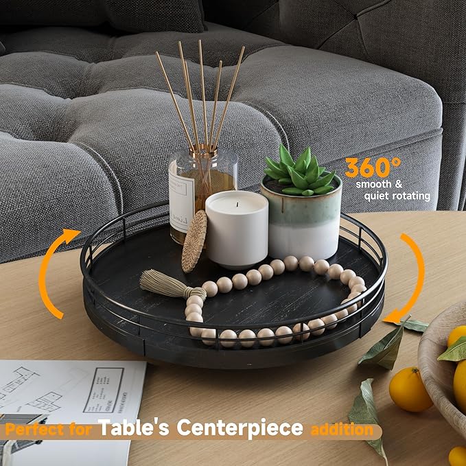 9" Oak Bathroom Vanity Tray Turntable for Perfume Candle, Round Wooden Decorative Tray for Kitchen Sink Countertop Organizer, Bathroom Counter Organizer for Skincare Makeup, Farmhouse Black Gold