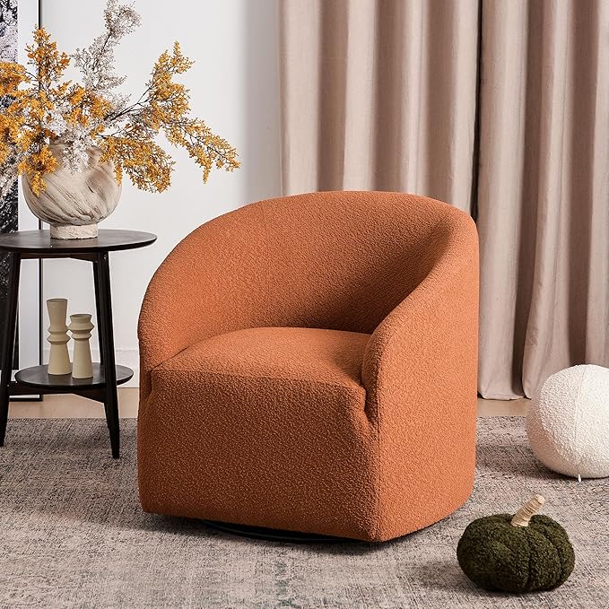 KINWELL 32" Wide Swivel Boucle Accent Chair Armchair, No Assembly Mid-Century Modern Round Upholstered Barrel Chair for Living Room, Bedroom, Office (Caramel)