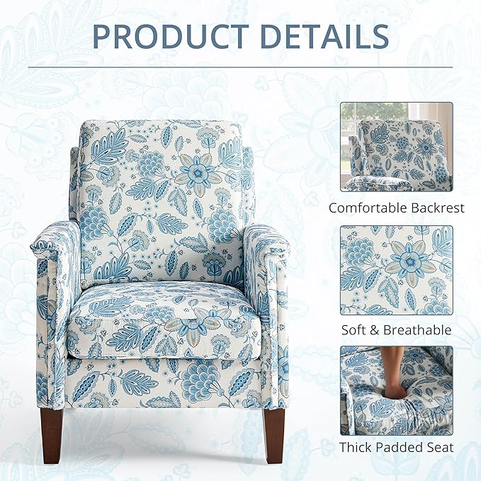 Floral Accent Chair Set of 2, High Back Upholstered Armchair with Solid Wooden Legs, Padded Armrest and Removable Comfortable Cushioned Seat Single Sofa for Living Room, Bedroom, Blue