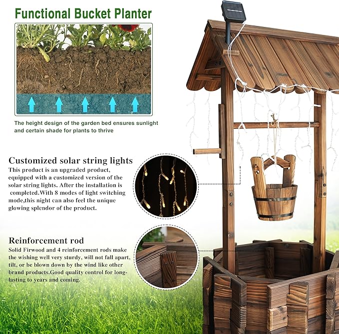 Garden Wooden Decor Rustic Wishing Well with Light Planter Outdoor Home Décor for Patio, Upgrade Wishing Well Garden, Yard Hanging Bucket Patio Lawn Backyard Home Decor