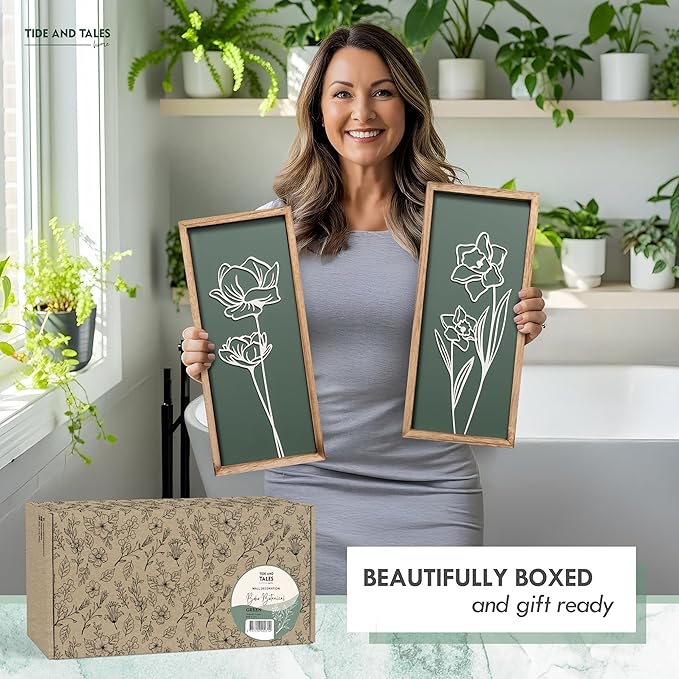 3D Floral Green Wall Art (Set of 2) Lightweight, Wooden Ready-to-Hang Boho Framed Wall Art for Bathroom, Bedroom, Living Room or Office – Premium Sage Green Farmhouse Decor – Gift-Boxed