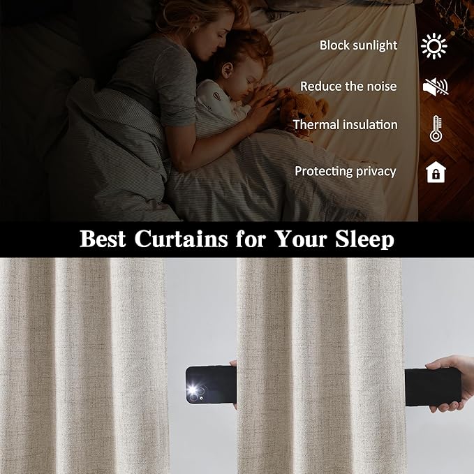RAIN CITY Blackout Curtains 104 Inch Long 2 Panels,Linen Textured Custom Made Room Darkening Black Out Modern Decorative Drapes for Living Room 100-108 Tall Windows Back Tab with Hooks 50x104