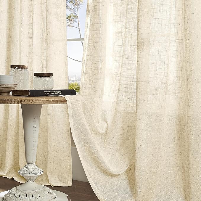 LAMIT Linen Curtains 84 Inches Long for Living Room, Bronze Grommet Linen Light Filtering Window Treatments Semi Sheer Modern Drapes for Bedroom,2 Panels Set 60 x 84 Inch, Beige