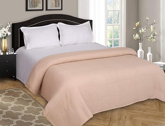 Elvana Home 100% Cotton Bed Blanket, Breathable Bed Blanket Full - Queen Size, Cotton Thermal Blankets Full - Queen, Perfect for Layering Any Bed for All Season, Beige
