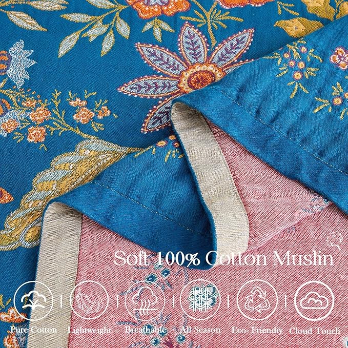 Fall Throw Blanket for Couch, Blue Boho Decorative Throw Blanket, 100% Cotton Muslin Breathable Woven Farmhouse Blankets Quilt, 50"x60" Reversible Lightweight Blankets Bohemian Throw Quilt