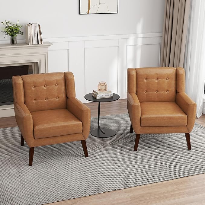 UIXE PU Leather Accent Chairs Set of 2, Modern Arm Club Chair Upholstered Armchair for Living Room, Comfy Single Sofa Seats Button Tufted Reading Seating, Brown