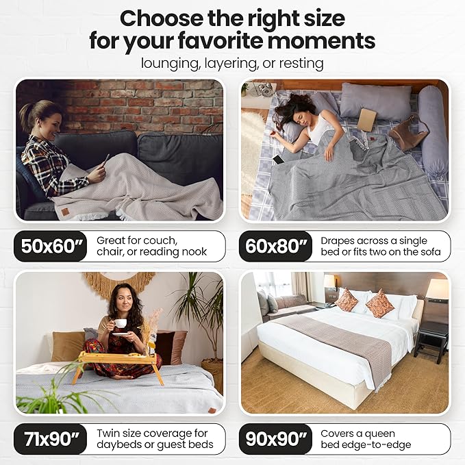 Gold Case Throw Blanket for Bed – 100% Recycled Turkish Cotton Bed Blanket – Decorative Throw Cotton Blankets for Living Room & Bedroom – Vintage Grey Woven Queen Blankets – 90x90