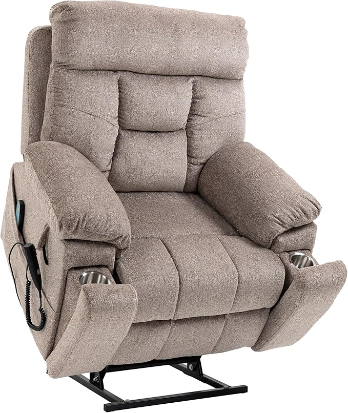 Dual Motor Power Lift Chair Recliners, 180°Lay Flat Sleeping Recliner Chairs for Elderly with Heat Massage, Spacious Seat, Cup Holders, Side Pockets, Lumbar Pillow, Up to 400LBS