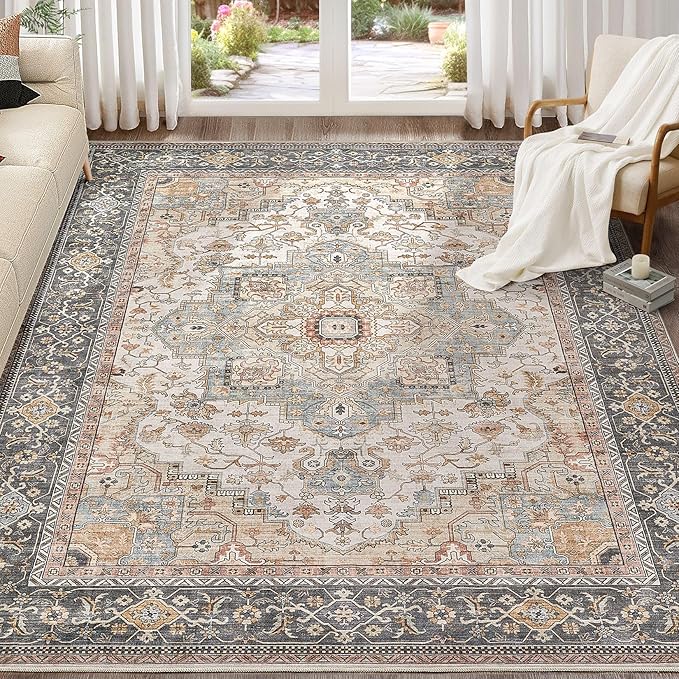 Washable Area Rugs for Living Room - 9x12 Neutral Vintage Distressed Floral Farmhouse Boho Large Soft Floor Rug Indoor Non Slip Carpet for Bedroom Dining Room Office -Forest Green Orange