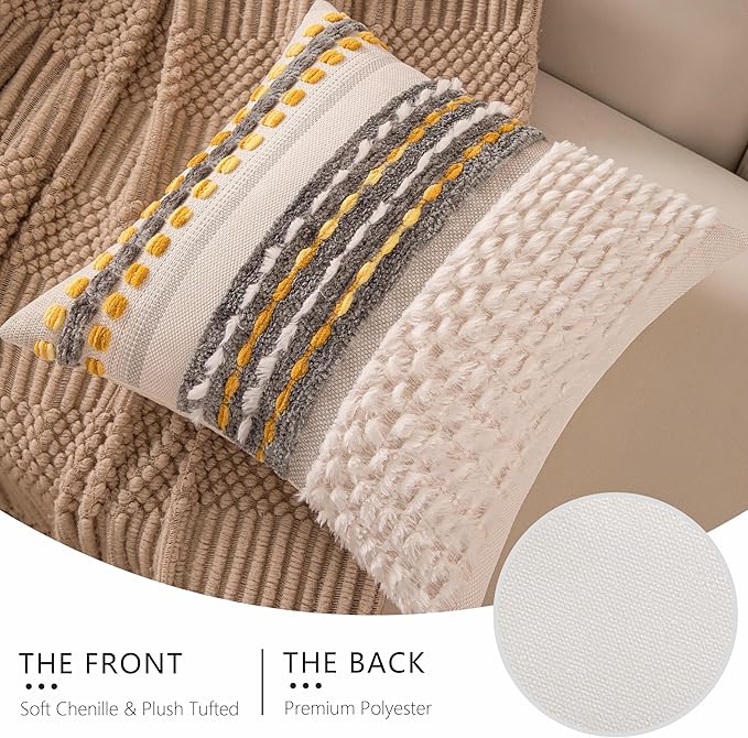 Boho Chenille Tufted Couch Throw Pillow Covers 18x18 Inch Set of 2 Farmhouse Striped Decorative Pillow Covers Accent Neutral Pillowcase Grey Yellow Cushion Cover for Living Room Sofa Bed