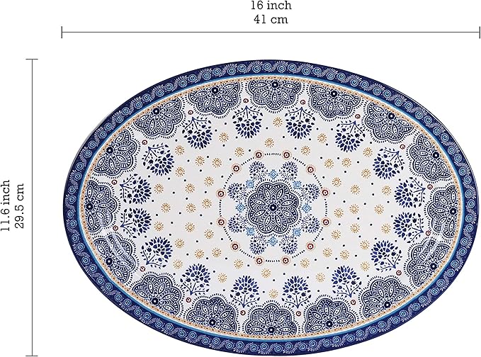 Bico Blue Talavera Ceramic 16 inch Oval Platter, Microwave & Dishwasher Safe