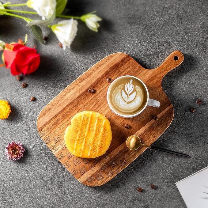 Acacia Wood Cutting Board - Wooden Kitchen Cutting Board for Meat, Cheese, Bread,Vegetables &Fruits- Charcuterie Board Cheese Serving Board with Handle,12" x 7”