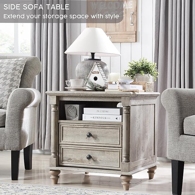 T4TREAM 24'' Farmhouse End Table w/4 Solid Wood Feet, Large 2 Drawers Wide Sofa Side Table with Charging Station, Tall Rustic Wood Square Nightstand for Living Room, Bedroom, Office, Light Rustic Oak