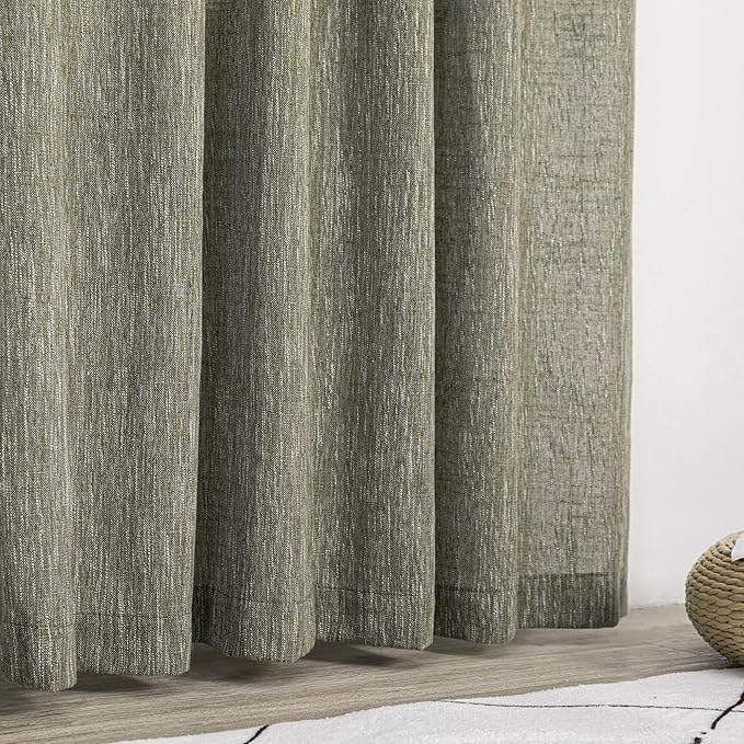 MYSKY HOME Short Curtains for Bedroom Semi Sheer Light Filtering Privacy Drapes for Small Window Linen Look Textured Boho Home Decor Backdrop Curtain for Parties, 50" x 63", Olive Green, 2 Panels