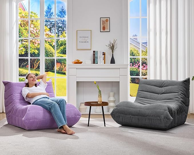 Bean Bag Chairs for Adults Giant Bean Bag Chair Memory Foam BeanBag Chair Big Bean Bag Sofa with Filler Faux Fur Fireside Beanbags Lazy Sofa for Living Room Bedroom Dorm Office (Purple Corduroy)
