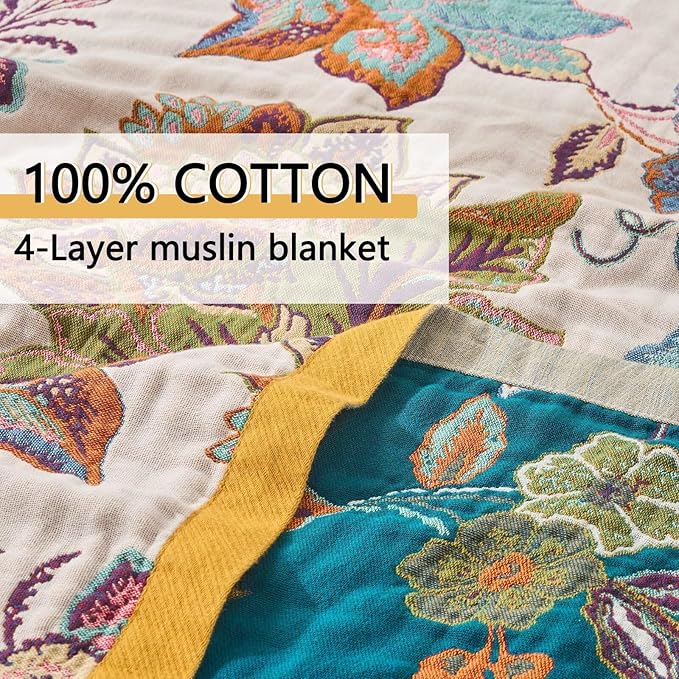 Summer Boho Throw Blanket for Bed, Multi Reversible Blanket Washable Breathable,Lightweight 4-Layer King Size Quilt for Bed,Floral Birds, 100% Cotton Muslin Large Travel Throw Blanket,90"x98"
