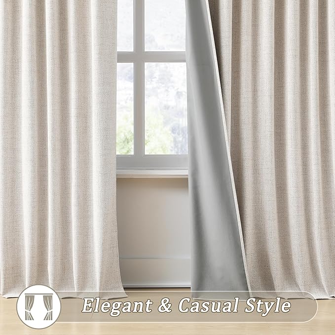 RAIN CITY Extra Wide Patio Door Curtains 2 Panels,Total 140 in Wide Boho Noise Reduction Window Burlap Track System Curtain Panels for Country Villa Back Tab Pleat Tape with Hooks,Linen Beige 70x84