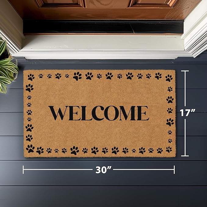 Barnyard Designs Natural Coco Coir Heavy Duty Backing Doormat - Large Cute Non-Slip Front Door Welcome Mat for Outside Entrance or Porch Entry, Brown (17x30, Welcome Paws)