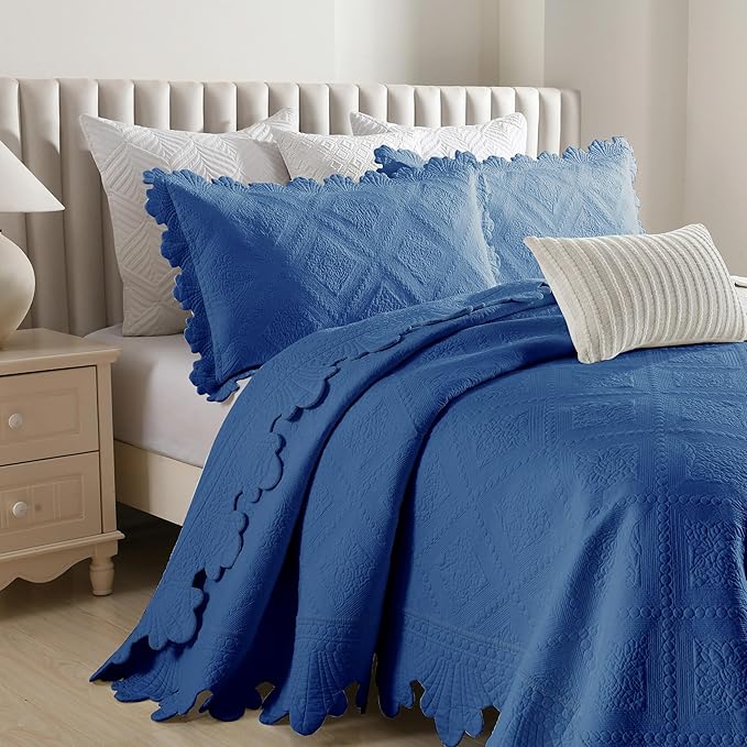 MarCielo 3-Piece 100% Cotton Oversized Bedspread Lightweight Quilt Coverlet Embroidery Farmhouse Bedding Set (Tk Midtone Blue, Oversized King (118"x106"))