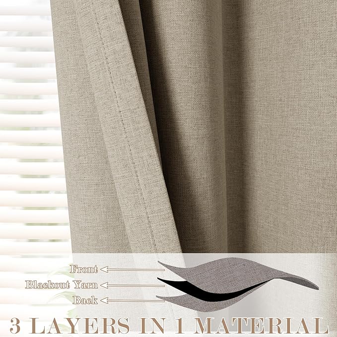 Light Khaki Pinch Pleat 100% Blackout Drapes Linen Blend, Room Divider, Room Darkening, Energy Saving, Furniture Protecting, Light Blocking Extra Wide Privacy Curtains, 240Wx84L, 1 PC