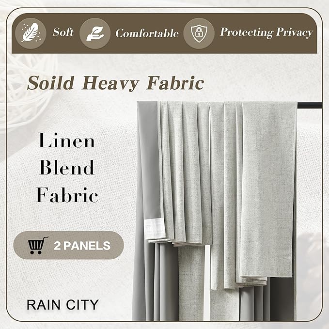 RAIN CITY 140 Inch Long Blackout Curtains Panels Set,Linen Textured Custom Extra Long Luxury Noise Reducing Curtains for Large Window Pocket Back Tab Pleat Heading Tape with Hooks 50W x 140L,Natural